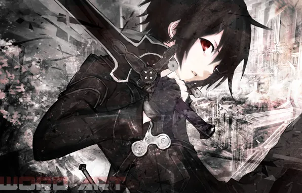Картинка взгляд, меч, черные волосы, Sword Art Online, Kirito, черный плащ