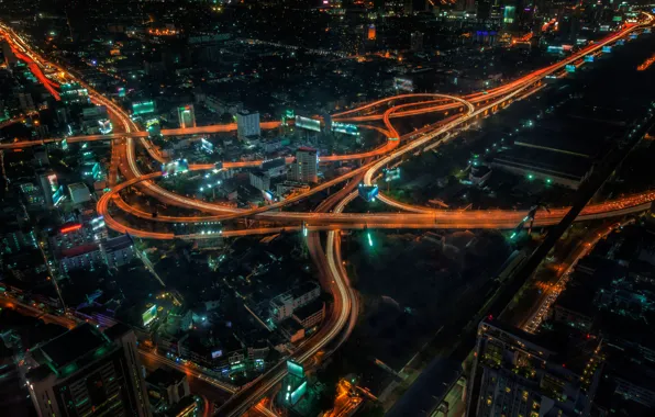 Картинка дорога, ночь, city, город, здания, Таиланд, Бангкок, Bangkok
