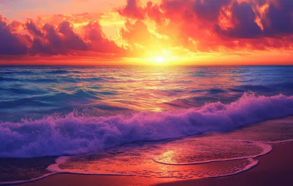 Волны, пляж, закат, океан, colorful, waves, beach, ocean