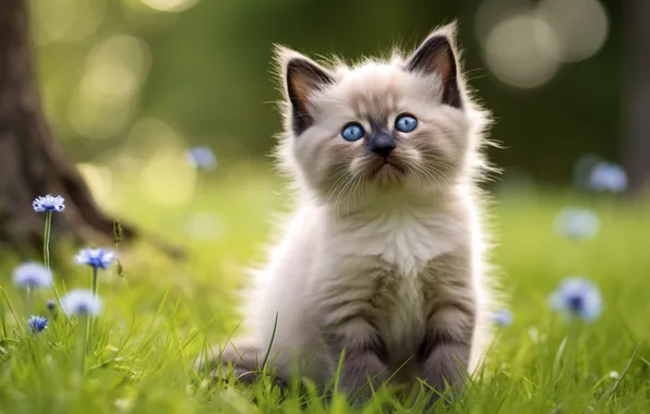 Зелень, кошка, лето, трава, взгляд, цветы, поза, котенок