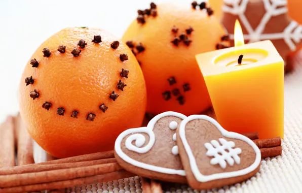 Картинка Свечи, Новый год, Апельсин, Праздники, Корица, Угощение