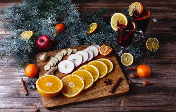Украшения, апельсины, Новый Год, Рождество, Christmas, wood, fruit, orange