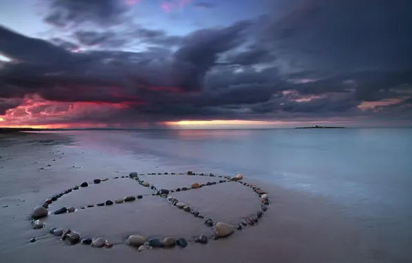 Море, пейзаж, закат, камни, знак