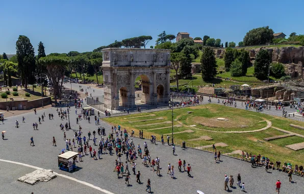 Картинка небо, деревья, люди, площадь, Рим, Италия, вид со стороны Колизея, Палатин