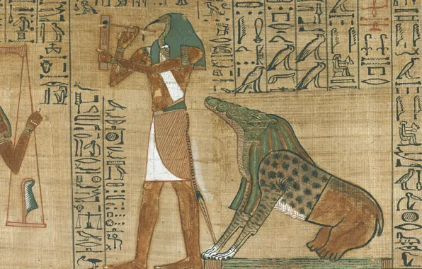 Картинка crocodile, human form, Papyrus, tool, blackspot, Egyptian symbols