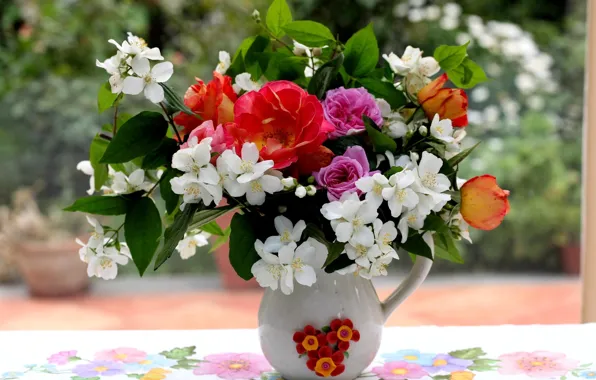 Цветы, букет, окно, кувшин