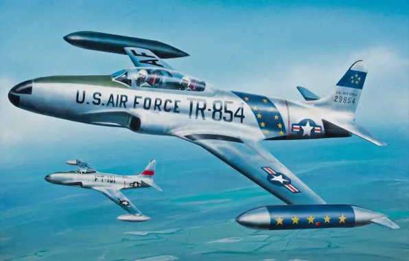Картинка war, art, painting, aviation, jet, Lockheed P-80/f-80 Shooting Star