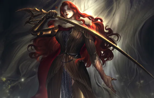 Картинка girl, sword, fantasy, game, armor, butterfly, redhead, artwork