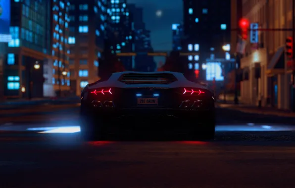 Ночь, огни, здания, Lamborghini, сзади, night, The Crew