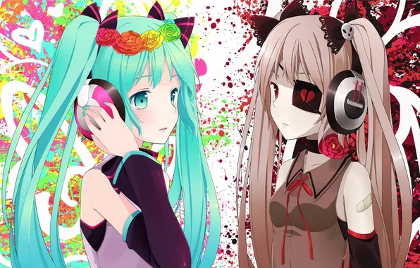 Цветы, девушки, аниме, наушники, арт, vocaloid, hatsune miku, hitsukuya