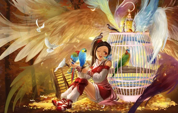 Картинка девушка, деревья, птицы, крылья, аниме, перья, арт, клетки