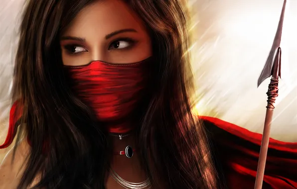 Картинка девушка, оружие, красное, маска, копье