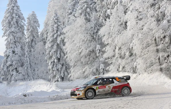 Зима, Снег, Лес, Citroen, DS3, WRC, Rally, Ралли