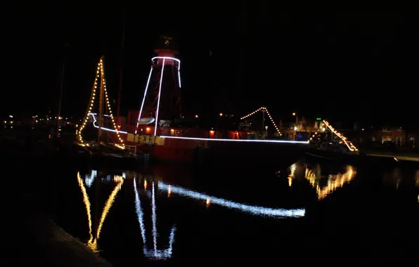 Lights, ship, reflection, holland, lights on river, reflection in water, light and dark, texel