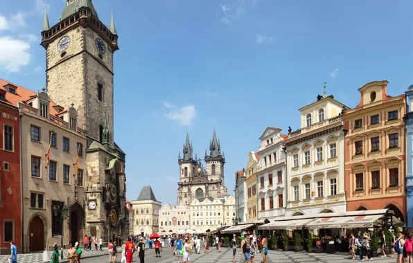 Картинка люди, улица, часы, башня, дома, Прага, Чехия, площадь