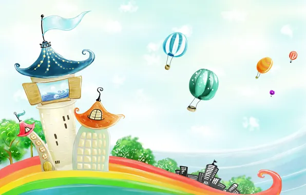 Картинка воздушные шары, радуга, домики