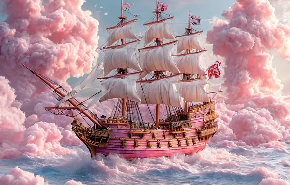 Море, Корабль, Розовые облака