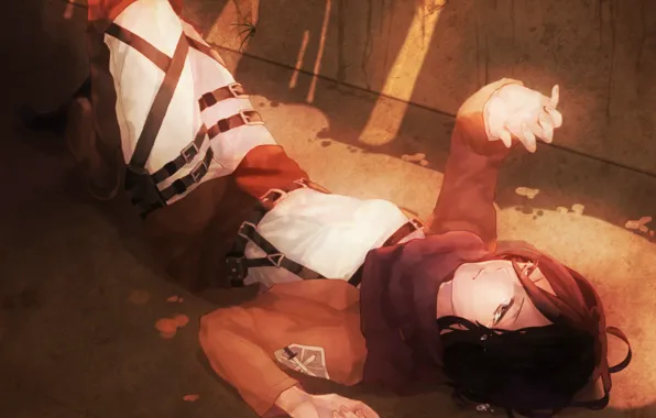 Шарф, военная форма, лежит на спине, луч света, Mikasa Ackerman, Вторжение Гигантов, Shingeki no Kyojin …