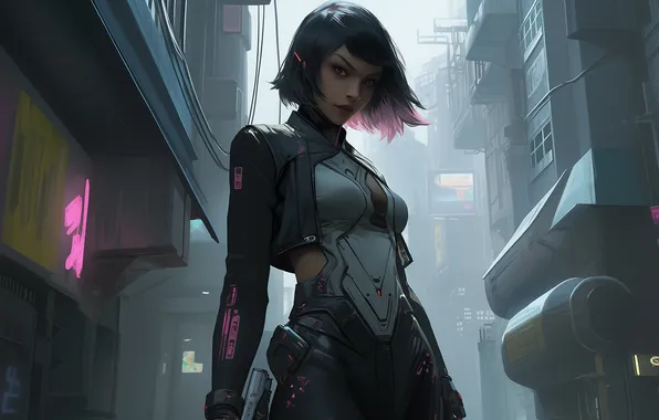 Картинка city, neon, cyberpunk, women, AI art