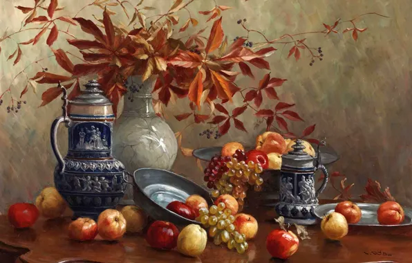 Картинка яблоки, картина, виноград, ваза, натюрморт, живопись, кувшины, осенние листья