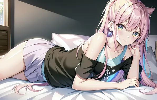 Girl, pink hair, long hair, legs, anime, beautiful, pretty, bed