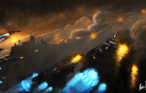 Картинка город, дым, взрывы, корабли, арт, нападение, Warhammer, 40 000