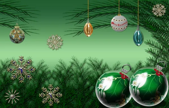 Снежинки, шары, Рождество, Новый год, зелёный, зеленый фон, Новогодние украшения, ветки ёлки