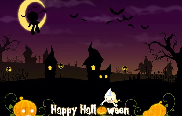 Ночь, город, праздник, месяц, Halloween, Хеллоуин, тени