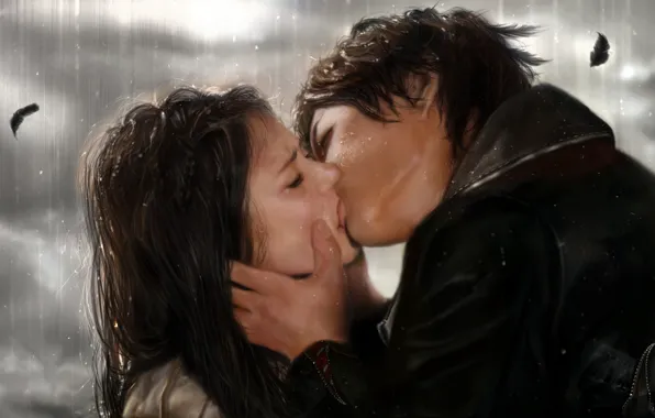 Любовь, дождь, поцелуй, сериал, The Vampire Diaries, Elena, Damon