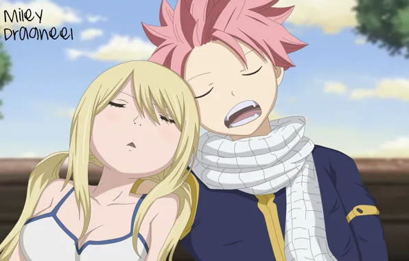 Девушка, парень, спят, Fairy Tail, Люси, Нацу Драгнил, Хвост феи