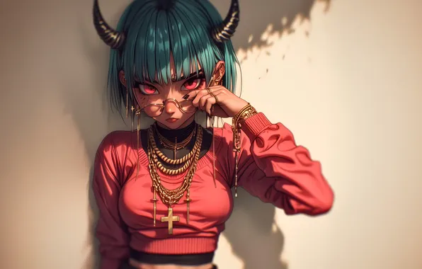 Girl, Anime, Horn, Green Hair, Anime Girl, AI Art, AI Generated