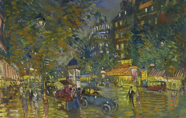 Картинка улица, дома, картина, автомобиль, городской пейзаж, Константин Коровин, Вечер в Париже