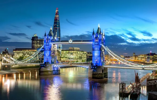 Картинка мост, город, река, Англия, Лондон, здания, вечер, освещение