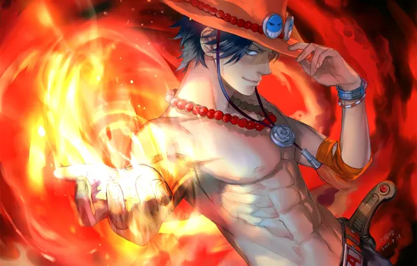 Огонь, шляпа, аниме, арт, парень, One Piece