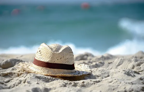 Картинка песок, море, волны, пляж, лето, шляпа, summer, beach