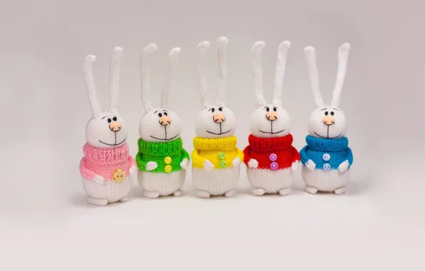 Картинка игрушка, зайцы, разноцветные, вязанные