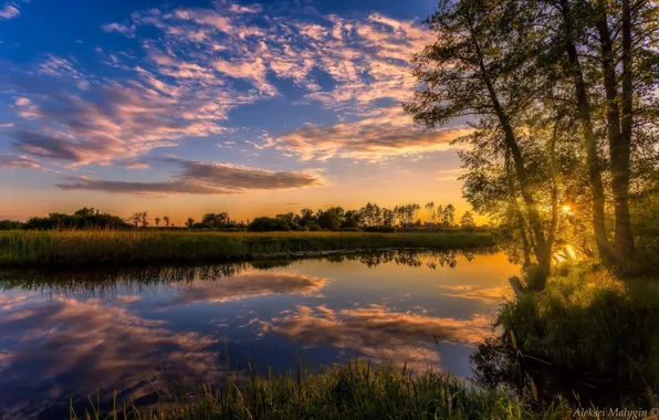 Картинка небо, деревья, закат, отражение, река, Aleksei Malygin
