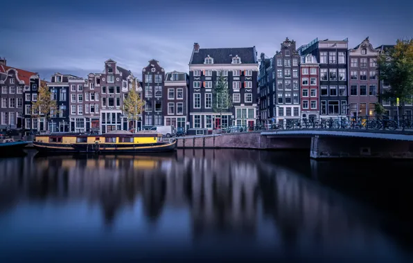 Картинка мост, здания, дома, Амстердам, канал, Нидерланды, Amsterdam, Netherlands