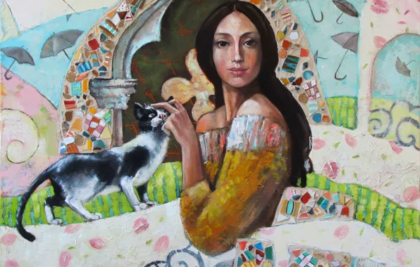 Кошка, девушка, мозаика, узоры, краски, завитки, картина, арт