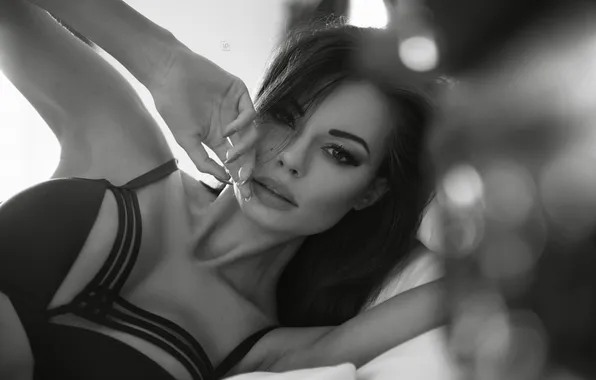Взгляд, модель, ч/б, бельё, красивая, photographer, Justyna Gradek, Lukasz Derengowski