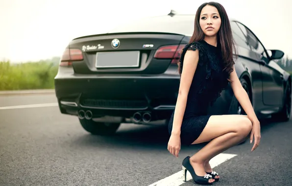 Авто, взгляд, Девушки, BMW, азиатка, красивая девушка, сидит над машиной