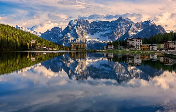 Картинка forest, Italy, nature, mountains, lake, reflection, snowy mountain