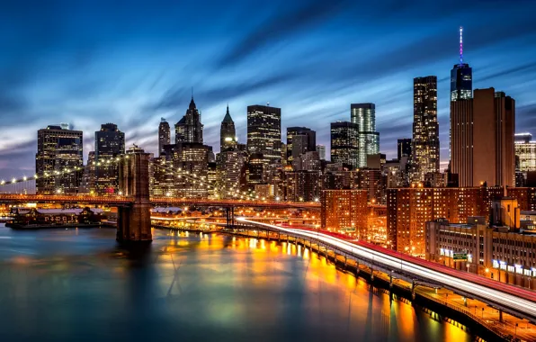 Дорога, ночь, город, огни, река, здания, Нью-Йорк, небоскребы