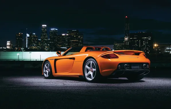 City, Porsche, supercar, night, beautiful, orange, Porsche Carrera GT, legendary