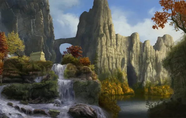 Картинка осень, деревья, пейзаж, горы, скалы, водопад, арт, арка