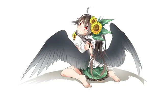 Подсолнухи, спина, тень, белый фон, сидит, touhou, art, босая