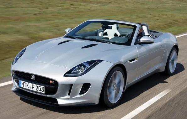 Картинка фары, скорость, Jaguar, серебристый, ягуар, передок, F-Type