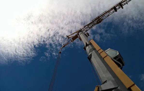 White, blue, clouds, orange, cabin, crane, construction site, building site