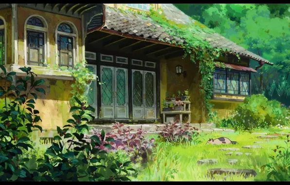 Зелень, кошка, листья, дом, растения, Хаяо Миядзаки, Ариэтти из страны лилипутов
