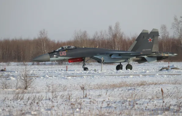 Картинка зима, снег, Истребитель, серийный, Су-35С, подготовка, предвылетная
